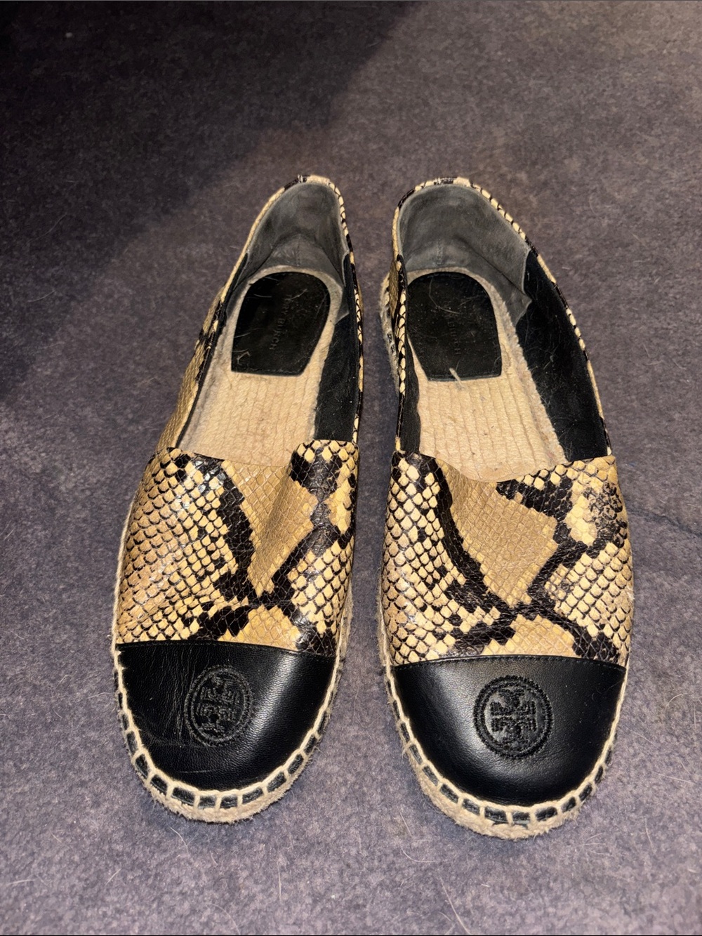 Tory Burch Tan and Black Snake-Print Espadrille Flats